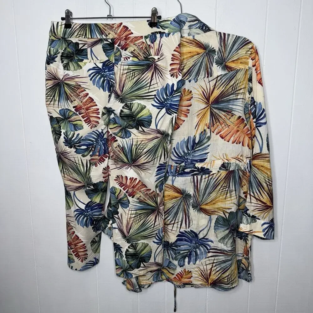 Chico's Tropical Leaf Print Pantsuit in Cream, Blue, Green, Orange